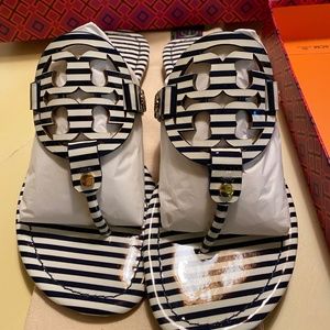 Tory Burch Navy and White Striped Minnie Sandals